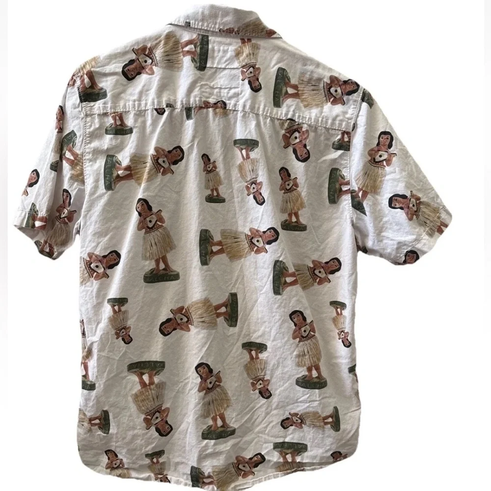 Vans Mens Short Sleeve Button Up White Shirt Hawaiian Hula Girl Sz Medium - Picture 3 of 9